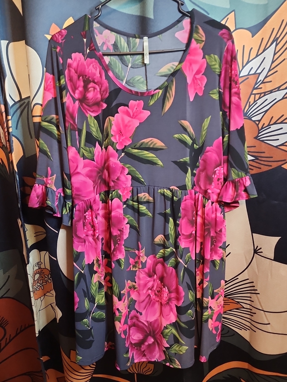 Voll Style Pink and Green Floral Midi Swing Dress